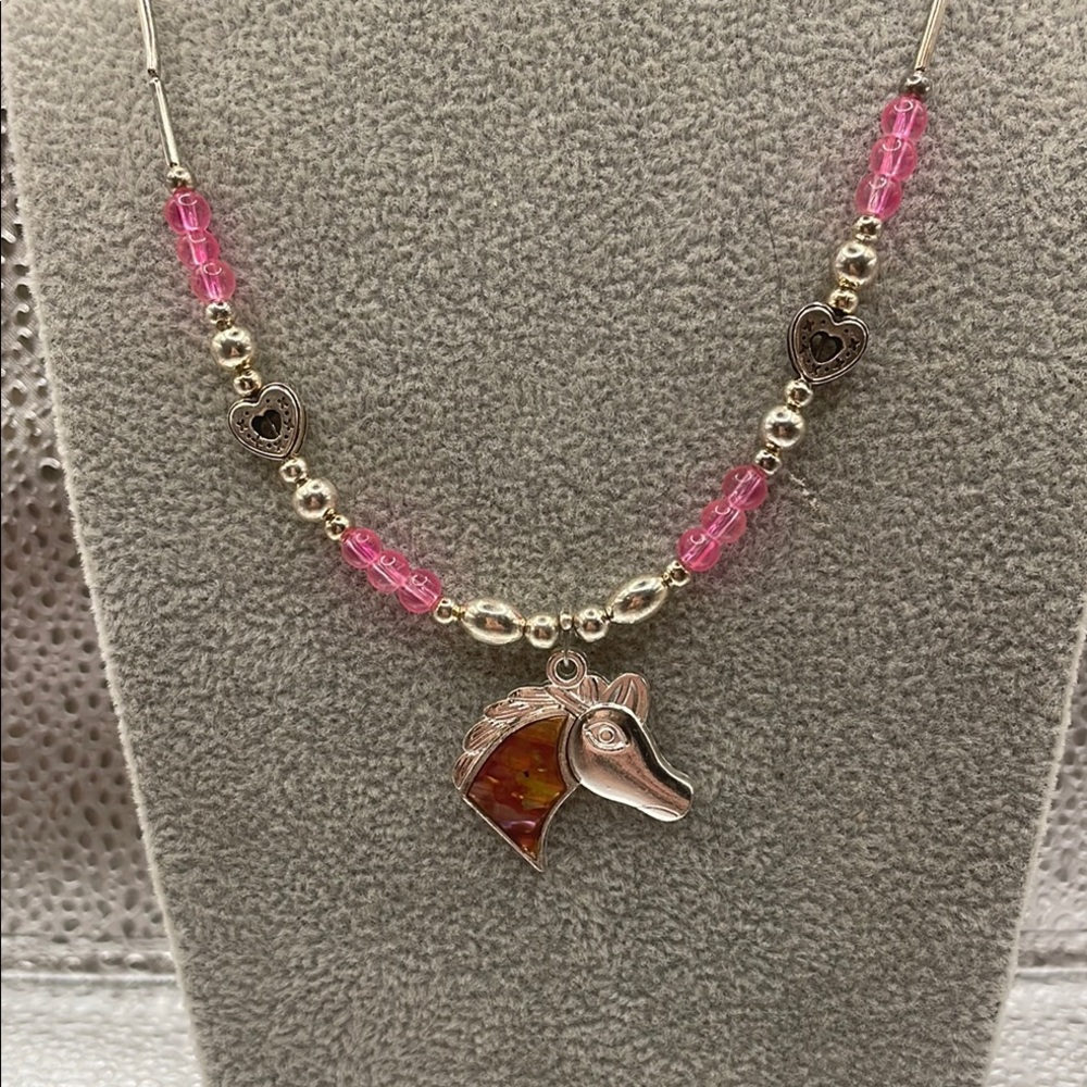 Silver and Pink Horse Pendant Necklace